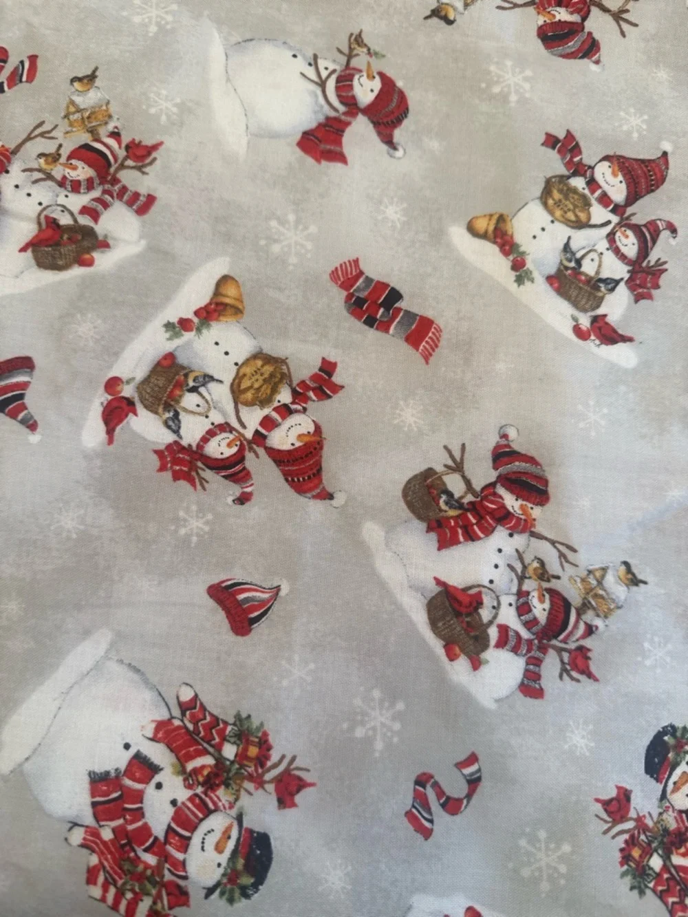 Christmas Holiday Fabric Crafting DIY Snowman Scene Cartoon Cotton Fabric Gray
